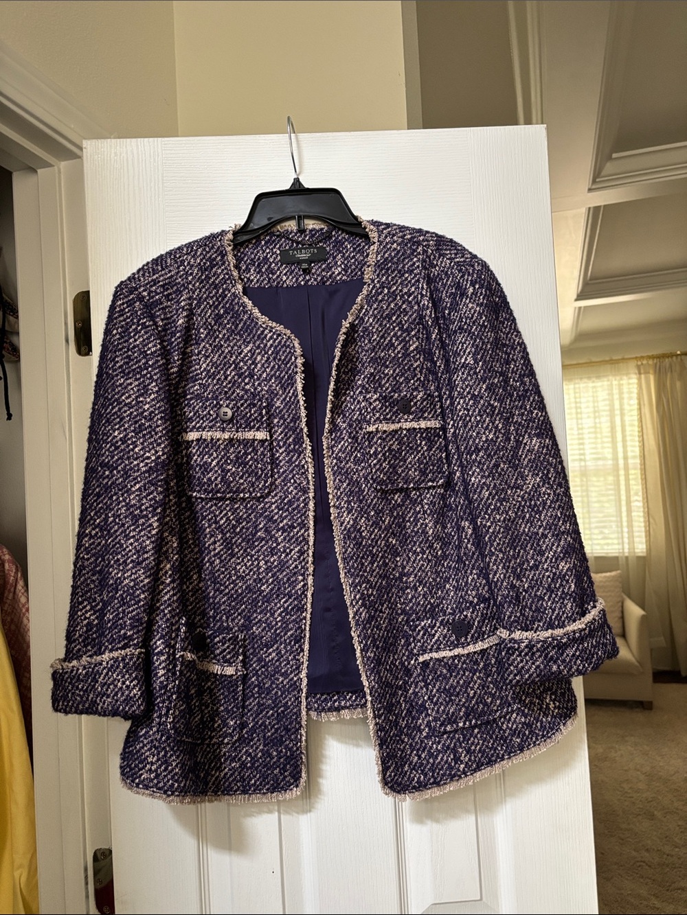 Talbots Purple and Cream Tweed Collarless Blazer 14